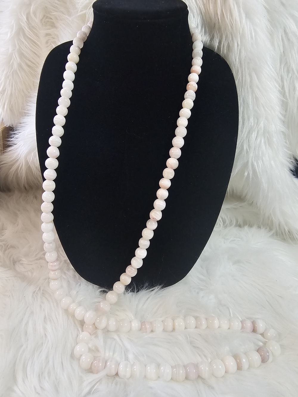 White-Pink Stone Beaded Long Necklace- Possible Agate Heavy - #63